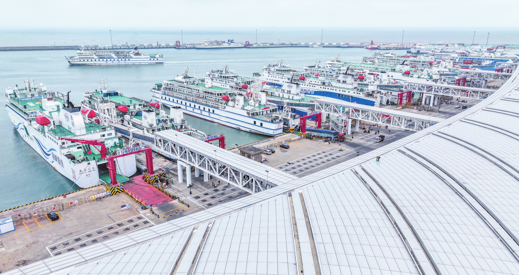 圖為空中俯瞰繁忙的海口新海港碼頭。 本報(bào)記者 康登淋 攝